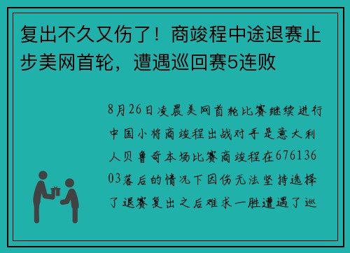 复出不久又伤了！商竣程中途退赛止步美网首轮，遭遇巡回赛5连败